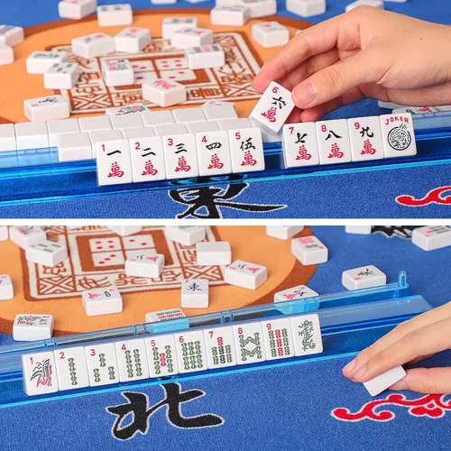 Vista 4 de Juego de Mahjong Americano GUSTARIA, 166 fichas blancas de calidad, 4 estantes/empujadores de color todo en uno, juego completo de fichas de Mahjong