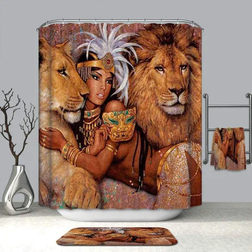Vista 3 de Fashion&Man - Juego de 16 piezas, cortinas de ducha africanas para mujer, tela de poliéster, cortina de baño, impermeable, alfombra de baño