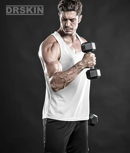 Vista 4 de DRSKIN Camisetas sin mangas de malla para hombre, tela Dry Fit, espalda en Y, para gimnasio, fisicoculturismo, entrenamiento, atletismo, paquete