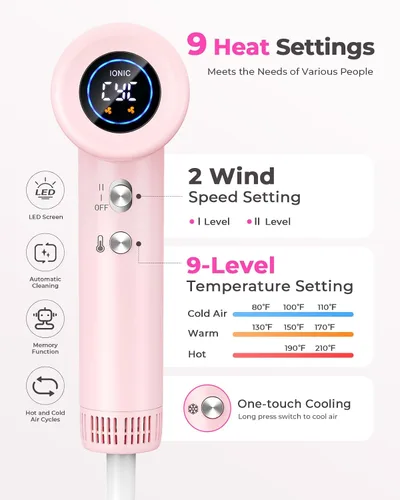 Vista 3 de Secador de pelo para mujer – Secador de pelo iónico de 160,000 RPM – Secador de pelo profesional de secado rápido de alta velocidad, juego de 9