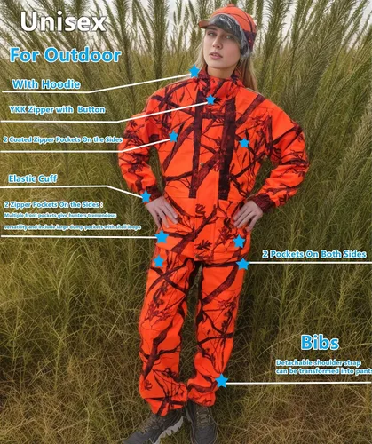 Vista 3 de Llaikeph Ropa de caza, chaqueta de caza y pantalones de caza para hombres y mujeres, traje Ghillie, 7, equipo de caza, Blaze Camo (M), Naranja Blaze