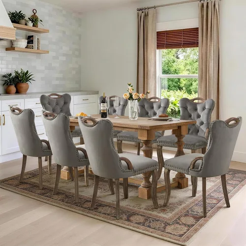Vista 106 de SoarFlash Juego de 2 sillas de comedor de terciopelo, silla lateral de respaldo alto, silla lateral moderna tapizada de alta gama con botones Beige