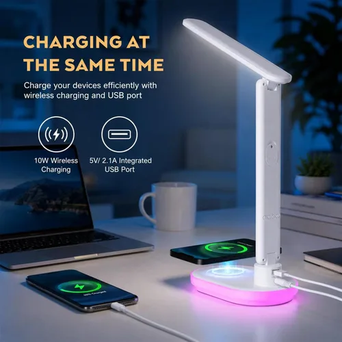 Vista 5 de Lámpara de escritorio LED con carga inalámbrica QI de 10 W, lámpara de mesa Flexo con 3 colores y 5 niveles de brillo con función de carga, USB