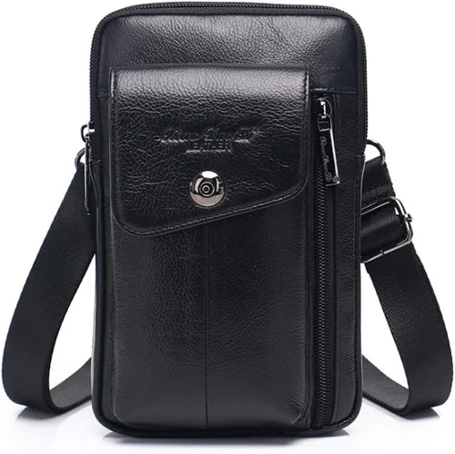 Vista 10 de Cuero Genuino Hombres Wasit Pack Con Correa De Cinturón De Hombro Bolsa De Teléfono Celular Style1-Negro