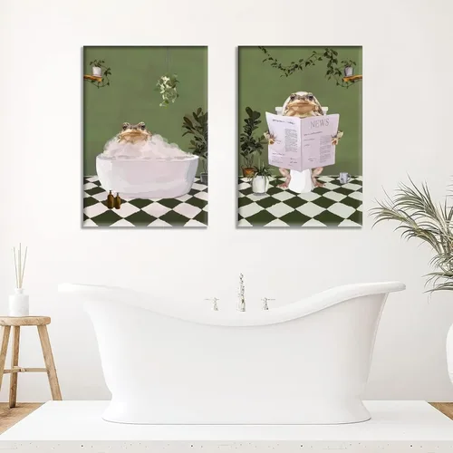 Vista 5 de 2 piezas de arte de pared de rana de baño, creatividad, estética, maximalista, verde, pósteres de imágenes de rana en la bañera, pintura en lienzo