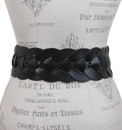 Vista 3 de Beltiscool Cinturón de cuero de grano completo para mujer, 3" (75 mm) de ancho con cinta de disco redondo y cinta de piel de vaca trenzada Negro
