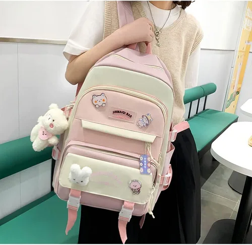 Vista 4 de Juego de 5 mochilas escolares de lona Kawaii con alfileres, bonito colgante de oso estético, mochila para laptop, escuela