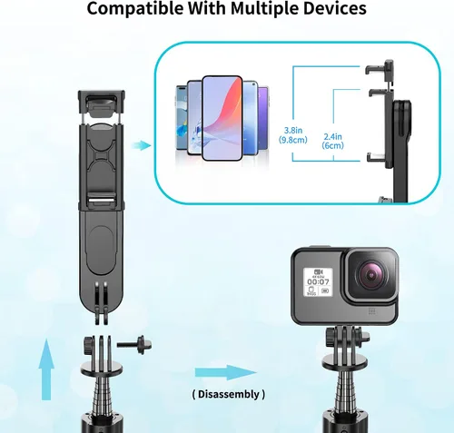 Vista 6 de Trípode estable para selfie stick con luz de relleno, palo selfie extensible de 44 pulgadas con control remoto inalámbrico y soporte de trípode