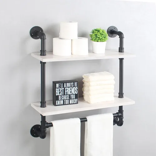 Vista 10 de MBQQ Estantes de tubería para baño en negro y blanco con toallero sobre el inodoro, estantes flotantes de 24 pulgadas de madera de pino para montaje