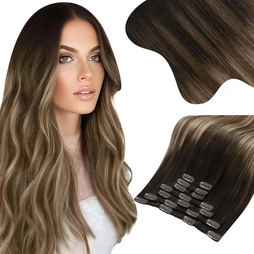 Vista 59 de Moresoo Extensiones de cabello humano con clip, balayage, color marrón oscuro a marrón dorado con clip, extensiones de cabello humano con clip, 5