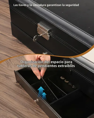 Vista 5 de Uten 12-Slot Watch Box, 2-Layers PU Leather Watch Case with Lock Negro