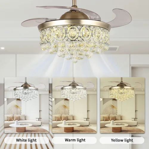 Vista 2 de Ventilador de techo de araña de cristal de 42 pulgadas con luces y cuchillas retráctiles de control remoto, moderno ventilador LED de iluminación