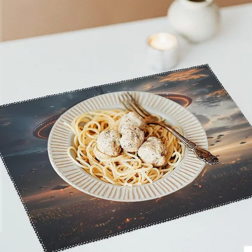 Vista 6 de Laminated Alienes Invasion Flying Saucer Spaceship Placemats Set of 6 Resistant Table Mats Washable Place Mats for Dinner Party Table Decoration