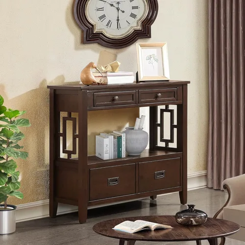 Vista 8 de Mesa consola de granja con 4 cajones y estante de almacenamiento, mesa de entrada de madera, sofá, aparador para sala de estar, cocina, comedor