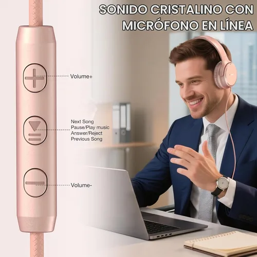 Vista 6 de Auriculares con cable USB C sobre la oreja con micrófono, control de volumen, puerto compartido y diadema ajustable, auriculares estéreo plegables
