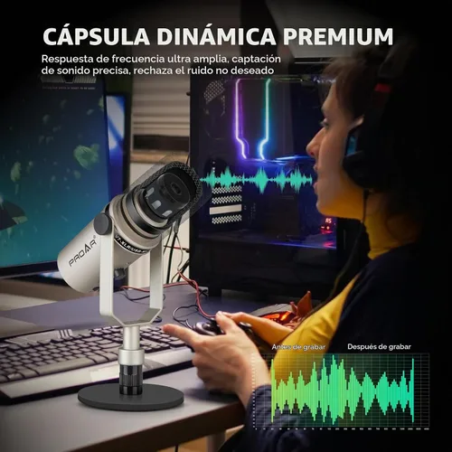Vista 5 de Micrófono dinámico de podcasting USB/XLR, micrófono USB profesional para juegos para computadora de PC con cancelación de ruido, kit de micrófono