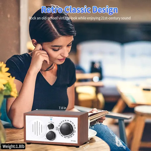 Vista 5 de Altavoz Bluetooth AM FM de madera vintage con enchufe de pared, diseño elegante y retro, altavoz Bluetooth con entrada auxiliar, conector