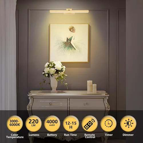 Vista 5 de Luz de imagen para pinturas funciona con pilas, iluminación artística inalámbrica, luz de arte recargable con control remoto y temporizador, lámpara