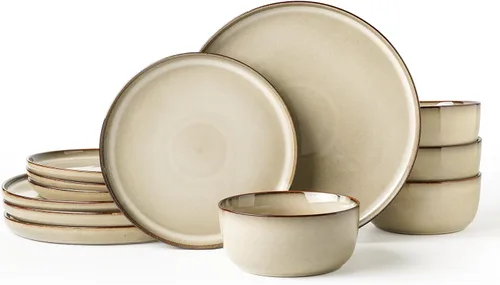 Vista 14 de Stoneware Dinnerware Sets for 8, Reactive Glaze, Beige