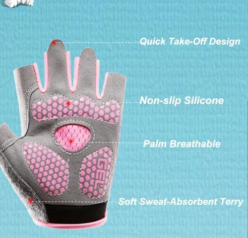 Vista 3 de Guantes de ciclismo para niños y niñas de 5 a 9 años de edad, color rosa con medio dedo, antideslizantes, con relleno, antideslizantes, sin dedos