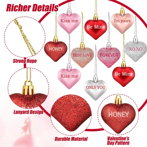Vista 5 de Shynek 68 adornos de corazón para el día de San Valentín para árbol, bolas de corazón de San Valentín con palabras de amor dulces para decoraciones