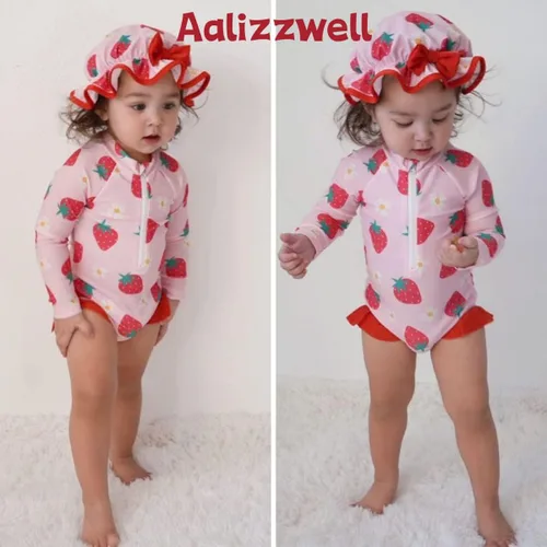 Vista 2 de Aalizzwell Traje de baño de una pieza de manga larga con sombrero para bebé niña