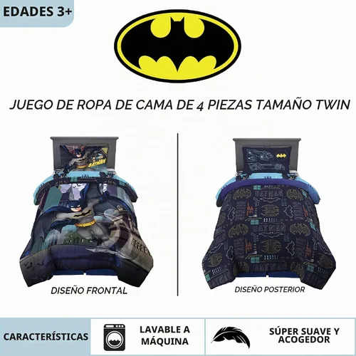 Vista 3 de Franco juego muy suave de edredón y sábanas para niños, 4 piezas, tamaño individual, Batman