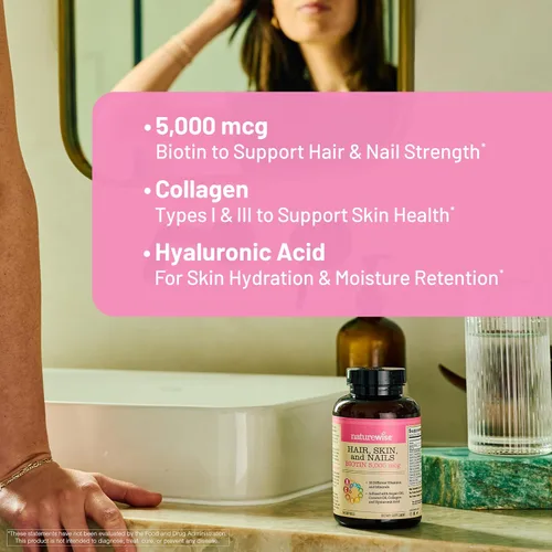 Vista 4 de NatureWise Vitamina para el cabello, piel y uñas, biotina 5000mcg con ácido hialurónico, colágeno para mujeres con complejo C, B, D3, A, E, hierro