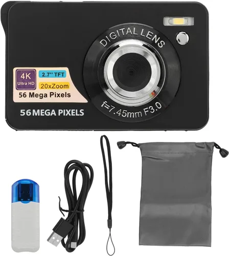 Vista 7 de Cámara digital, video 4K de 56 MP con zoom de 20x, pantalla LCD de 2.7 pulgadas, cable USB, compacto, almacenamiento de 128 GB, color negro