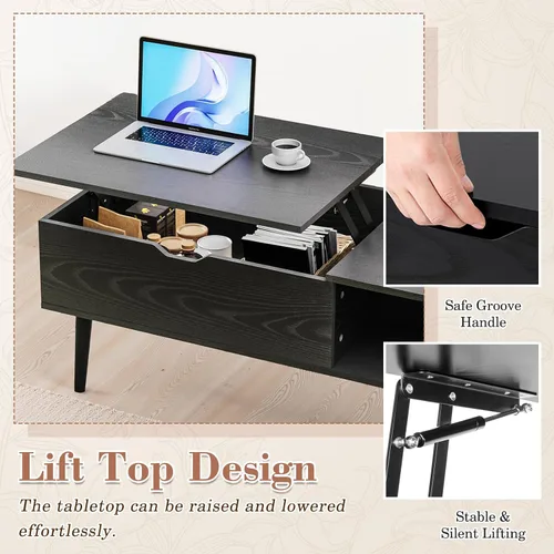 Vista 2 de OLIXIS Mesa de Centro de Café de Madera con Tapa Elevable con Compartimento Oculto y Estante de Almacenamiento Grande, Mesa de Comedor Central