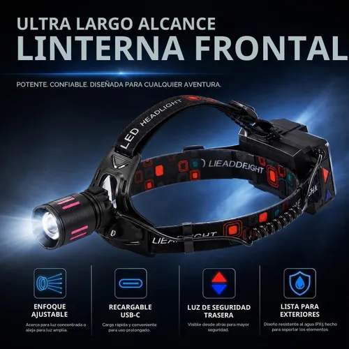 Vista 2 de Linterna frontal recargable 150000LM lámpara de cabeza brillante, 40H Cable Tipo-C linterna frontal ajustable para exteriores, 4 modos de luces