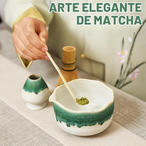 Vista 8 de Pottery Matcha Set – Tazón de té matcha japonés hecho a mano cuenco de esmalte mineral con boquilla, batidor de bambú, cuchara y soporte de Chasen