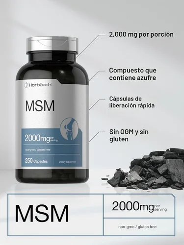 Vista 3 de Horbäach MSM Metilsulfonilmetano 2000mg 250 Cápsulas Suplemento sin OMG y sin gluten