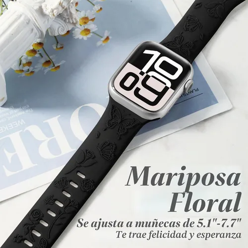 Vista 3 de Melyis Correa deportiva de silicona suave grabada con diseño floral y mariposa compatible con Apple Watch de 1.575 pulgadas, 1.614 pulgadas, 1.496