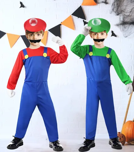 Vista 5 de BOMLY Disfraz de Super Mario para niños, disfraz de fontanero de Halloween con accesorio
