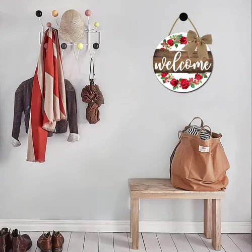 Vista 3 de Letrero de bienvenida para puerta delantera, letrero de bienvenida de 11 pulgadas, decoración de porche frontal, decoración de primavera rústica W1