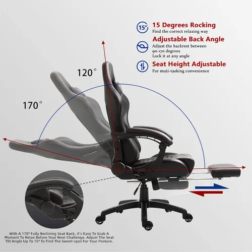 Vista 5 de Dowinx Silla de juegos grande y alta, silla de juego ergonómica para adultos con reposapiés y soporte lumbar de masaje, respaldo alto, silla de Negro