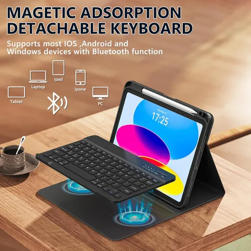 Vista 5 de BQSS - Funda con teclado para iPad (A16) de 11ª y 10ª generación, color negro Detachable Bluetooth Keyboard Case with Pencil Holder for iPad