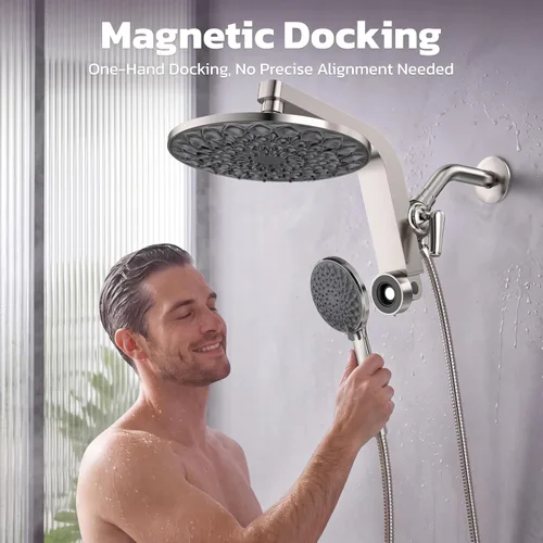 Vista 2 de HOPOPRO Rain Shower Head with Handheld, 9" Dual Shower Heads Combo Brushed Nickel