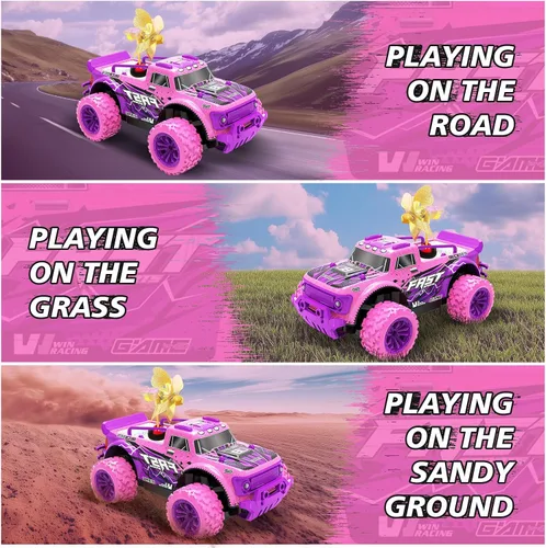 Vista 3 de Coche de Control Remoto para Niñas: Camión RC Rosa Púrpura a Escala 1:20 con Luz LED y Molinos de Viento DIY - Camiones RC Todo Terreno de 20 Km/h
