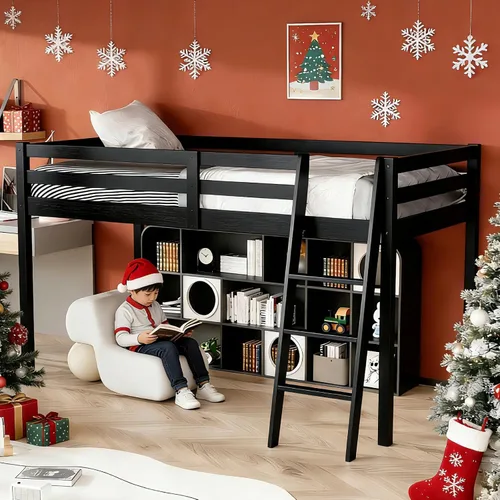 Vista 10 de VINGLI - Cama tipo loft baja de 47'' para junior con escaleras, cama de madera tamaño individual para adultos, niños y adolescentes jóvenes, sin