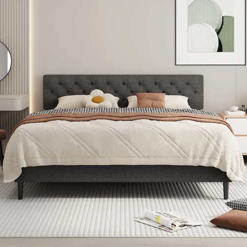 Vista 27 de BarnFurin Marco de cama tamaño completo con cabecero, cama de plataforma tapizada con cabecera acolchada con botones ajustables, marco de cama