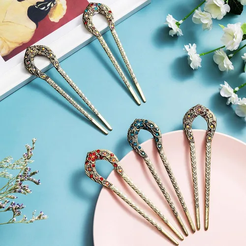 Vista 2 de Waydress 5 horquillas de pelo vintage para moños, pinzas de metal para moños, palillos de cristal con diamantes de imitación de doble punta, pasador