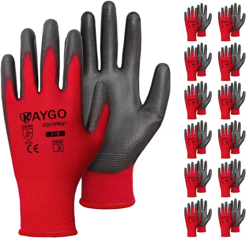 Vista 65 de KAYGO KG11PB - Guantes de trabajo de seguridad con revestimiento de poliuretano, 12 pares de guantes de punto sin costuras para hombres y mujeres
