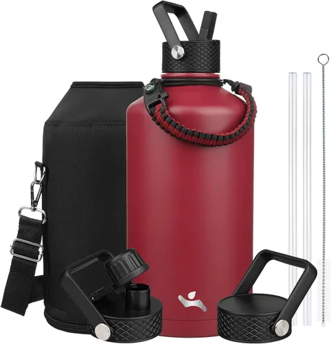 Vista 70 de Konokyo - Botella de agua aislada de 18 onzas, botellas deportivas de acero inoxidable con 3 tapas, verde militar