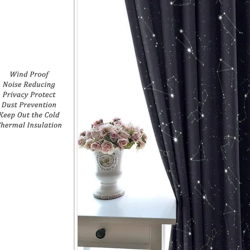 Vista 6 de Cortinas opacas de constelación para sala de estar, arte moderno abstracto, negro, galaxia, blanco, patrón de símbolo de constelación