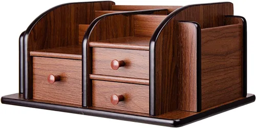 Vista 5 de Liry Products - Organizador de escritorio de madera marrón, múltiples compartimentos, 3 cajones, ranuras, 2 estantes, soporte para suministros