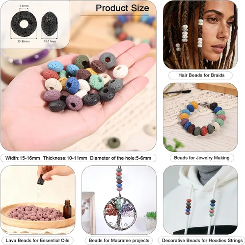 Vista 3 de TUMBEELLUWA 100 cuentas Rondelle de piedra de lava para hacer joyas, cuentas sueltas de roca volcánica de energía con agujeros grandes a granel