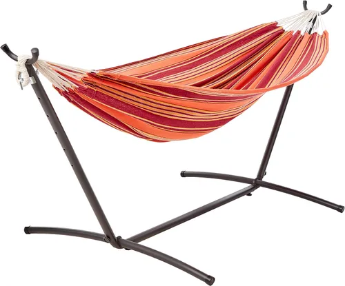 Vista 8 de Amazon Basics Hamaca doble con soporte de acero de 9 pies que ahorra espacio y funda de transporte, 2 personas, capacidad de 450 libras, rayas beige