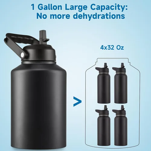 Vista 4 de EALGRO Botella de Agua Aislada de Medio Galón Jarra con Pajilla, 64 oz Frasco de Agua Deportivo de Metal de Acero Inoxidable Grande con Asa, Taza
